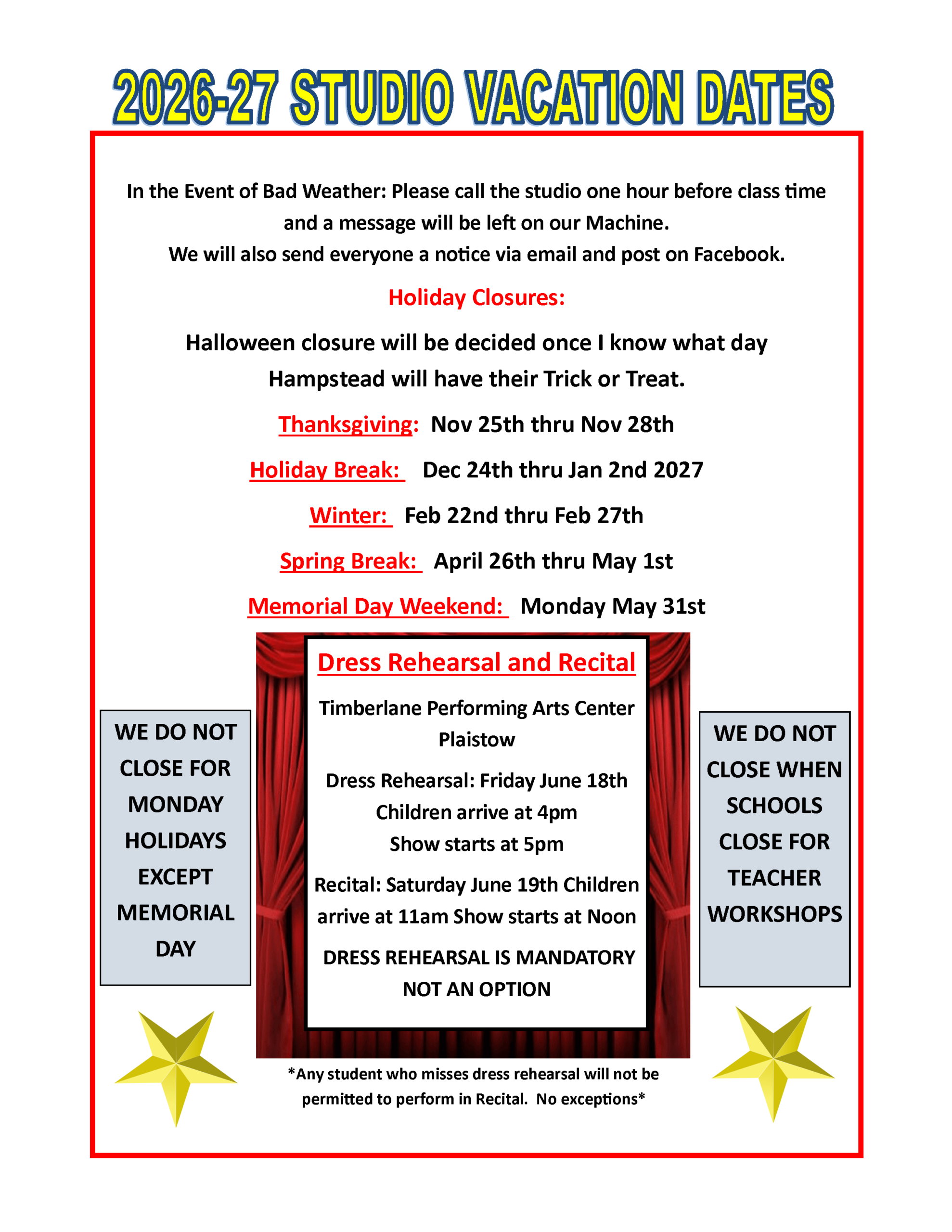 2026 and 2027 vacation and dance recital info